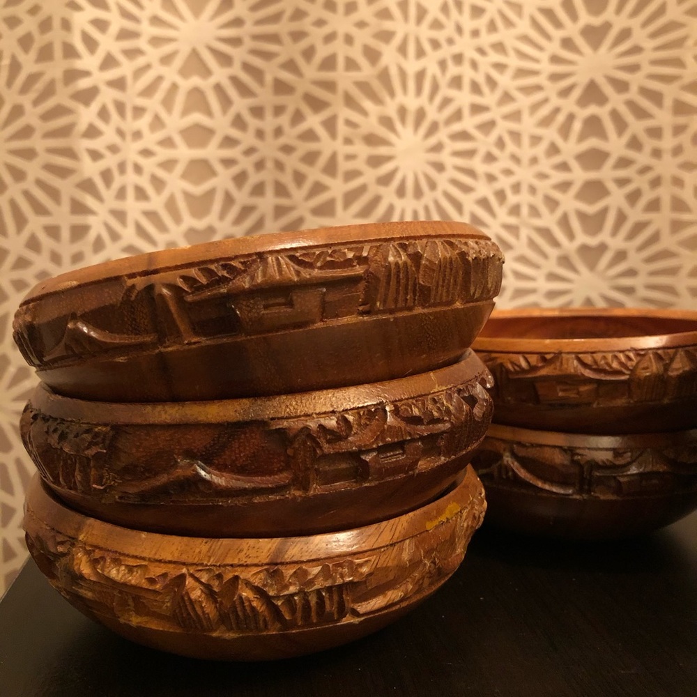 RARE Vintage Large Wooden Carved Salad Bowl Set - Picture 15 of 16